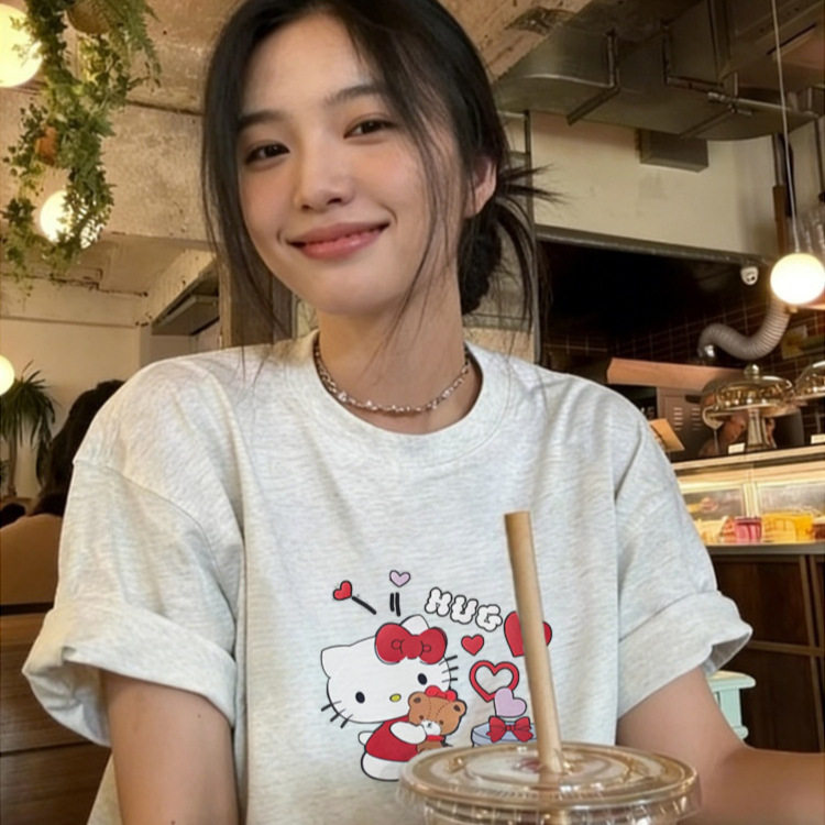 白灰色圆领正肩短袖T恤女夏季新款美式卡通kt猫印花减龄百搭上衣