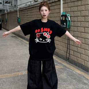 kitty猫纯棉黑色短袖t恤女夏2026新款设计感小众学生宽松半袖上衣