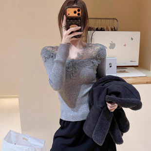 法式灰色蕾丝拼接针织打底衫女秋冬轻奢高级感内搭气质绝美小上衣