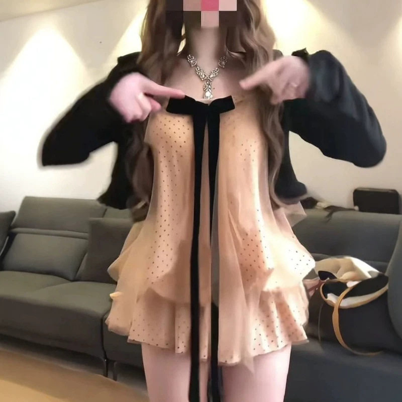 韩系甜心纯欲两件套蝴蝶结波点吊休闲运动套装
