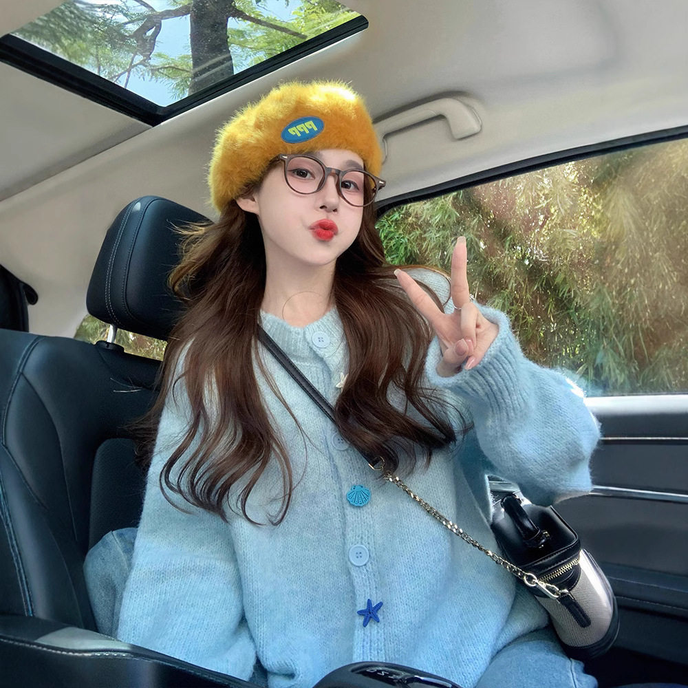 奶蓝色毛衣外套女秋冬季加厚2024新款韩系温柔慵懒风软糯针织开衫