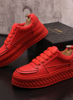 百搭圆头厚底潮鞋子韩版青年运动休闲鞋个性时尚红色板鞋舒适男鞋