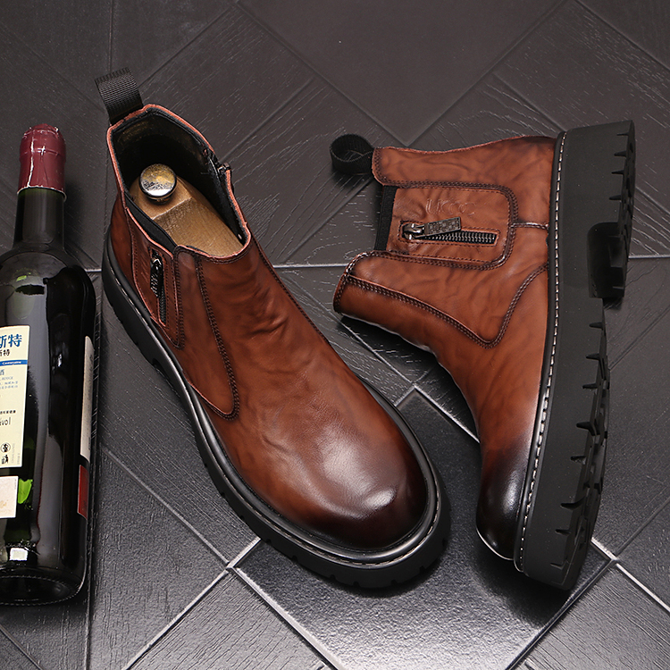 套筒短靴百搭潮流马丁靴男士休闲皮靴子厚底复古切尔西靴男靴
