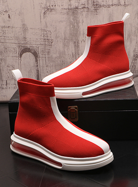 针织潮男白色鞋子厚底增高休闲鞋夏季新款高帮鞋男士中邦套脚短靴