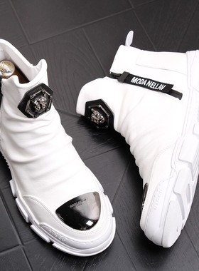 加绒男士短皮靴时尚潮男休闲马丁靴白色牛仔靴厚底增高高帮老爹鞋