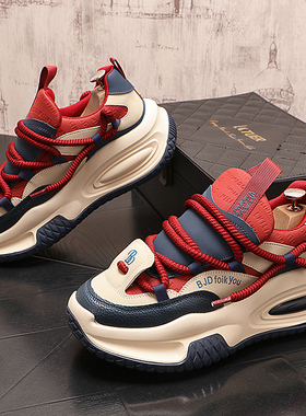 网红爆款男鞋春季新款阿甘跑步运动鞋男士潮牌百搭皮面老爹鞋增高