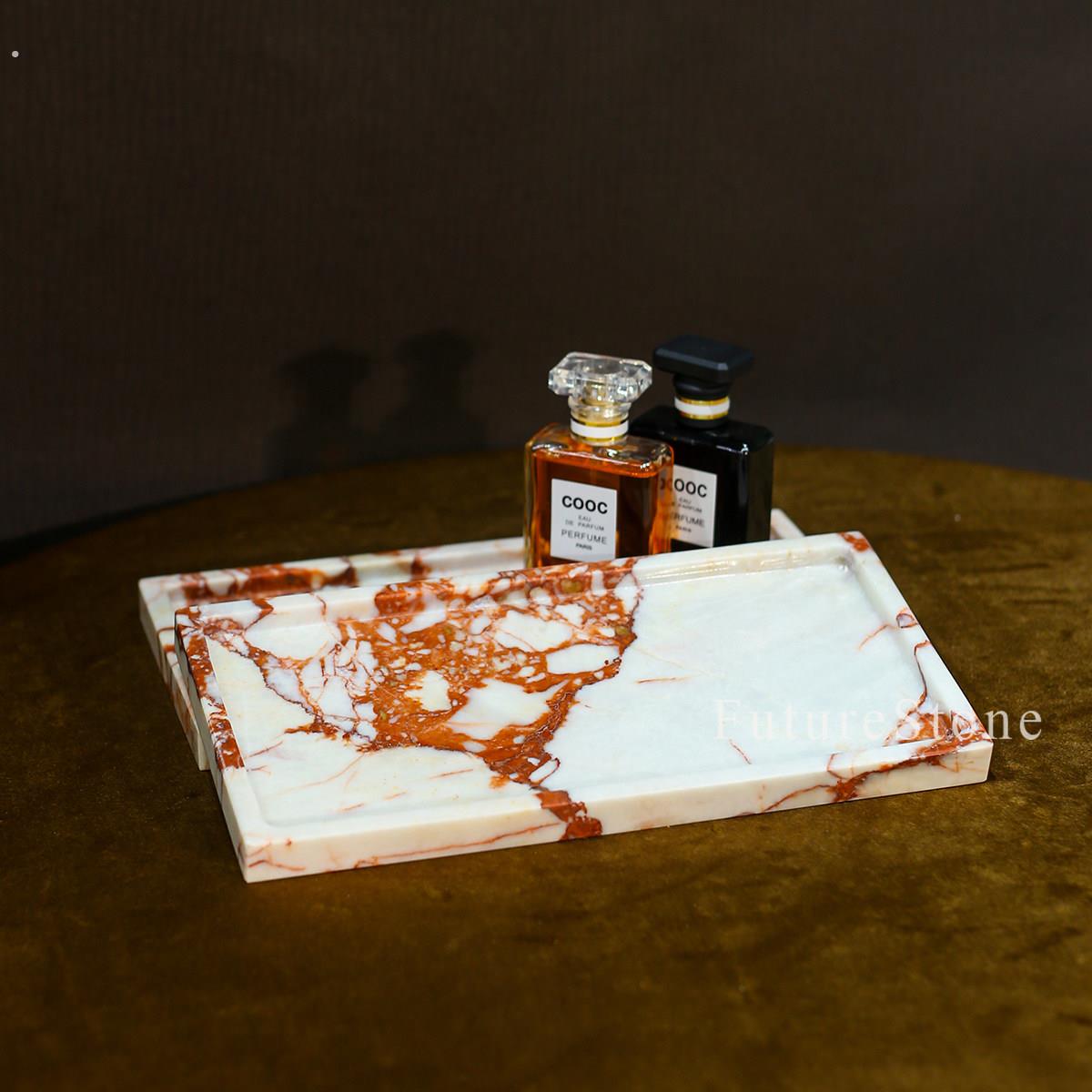 中古风天然宝格丽红大理石长方形小托盘香薰蜡烛置物盘装饰摆饰盆
