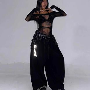 跳舞专用爵士上衣女士爵士衣服heels衣网格烫钻性感高弹连裆长袖