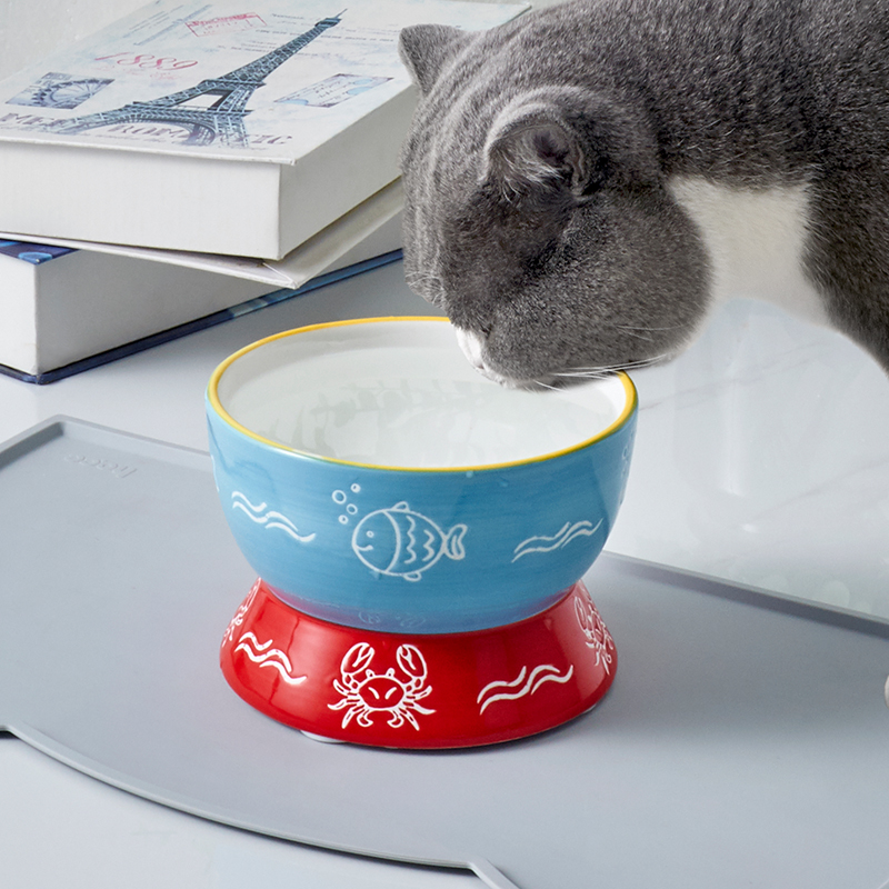 HOCC喝水一体高脚碗猫食盆陶瓷碗