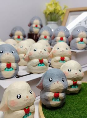 手工雕刻兔子生肖摆件儿情侣兔实木雕刻桌面家居摆件装饰木雕装饰