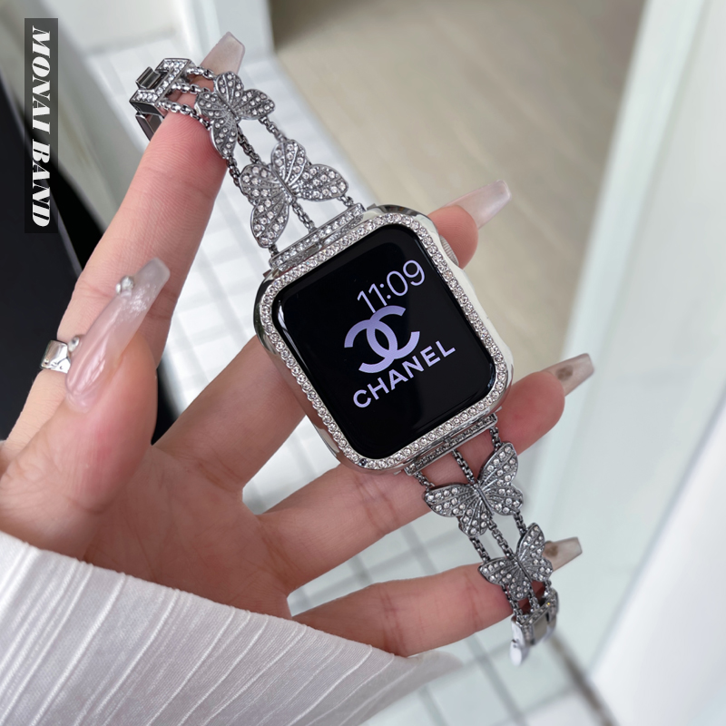 蝴蝶镶钻适用于苹果手表41mm金属表带applewatch6789女细40mm腕带