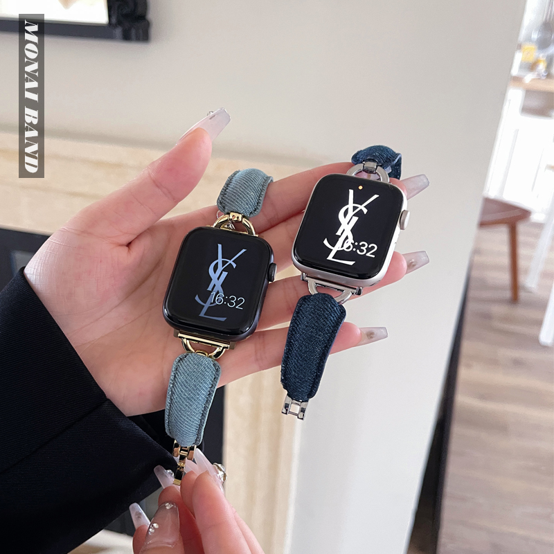 手镯牛仔皮适用于苹果手表41m金属表带applewatch789手镯细女腕带