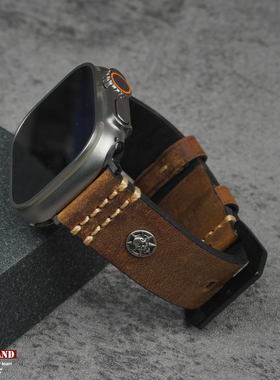 适用于苹果手表翻毛皮表带iwatch78910复古真皮腕带49mm运动Ultra