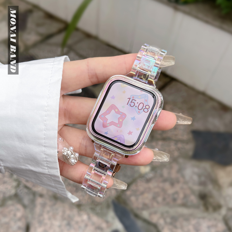 幻彩光晕树脂腕带适用于苹果手表41mm透明表带iwatch6789运动腕带