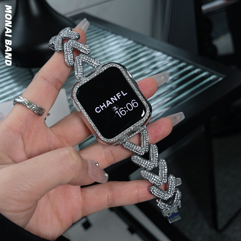 V型满钻适用于苹果手表41mm金属表带applewatch789代保护壳女40mm