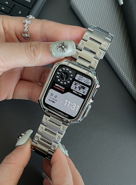 复古小方块适用于苹果手表45m不锈钢金属表带applewatch789保护壳