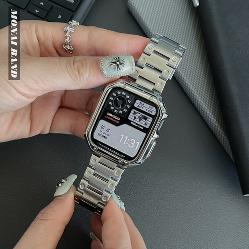 复古小方块适用于苹果手表45m不锈钢金属表带applewatch789保护壳