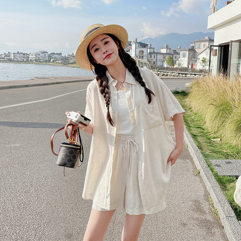 小众时尚休闲防晒套装女休闲薄款设计感宽松长袖衬衫短裤两件套潮