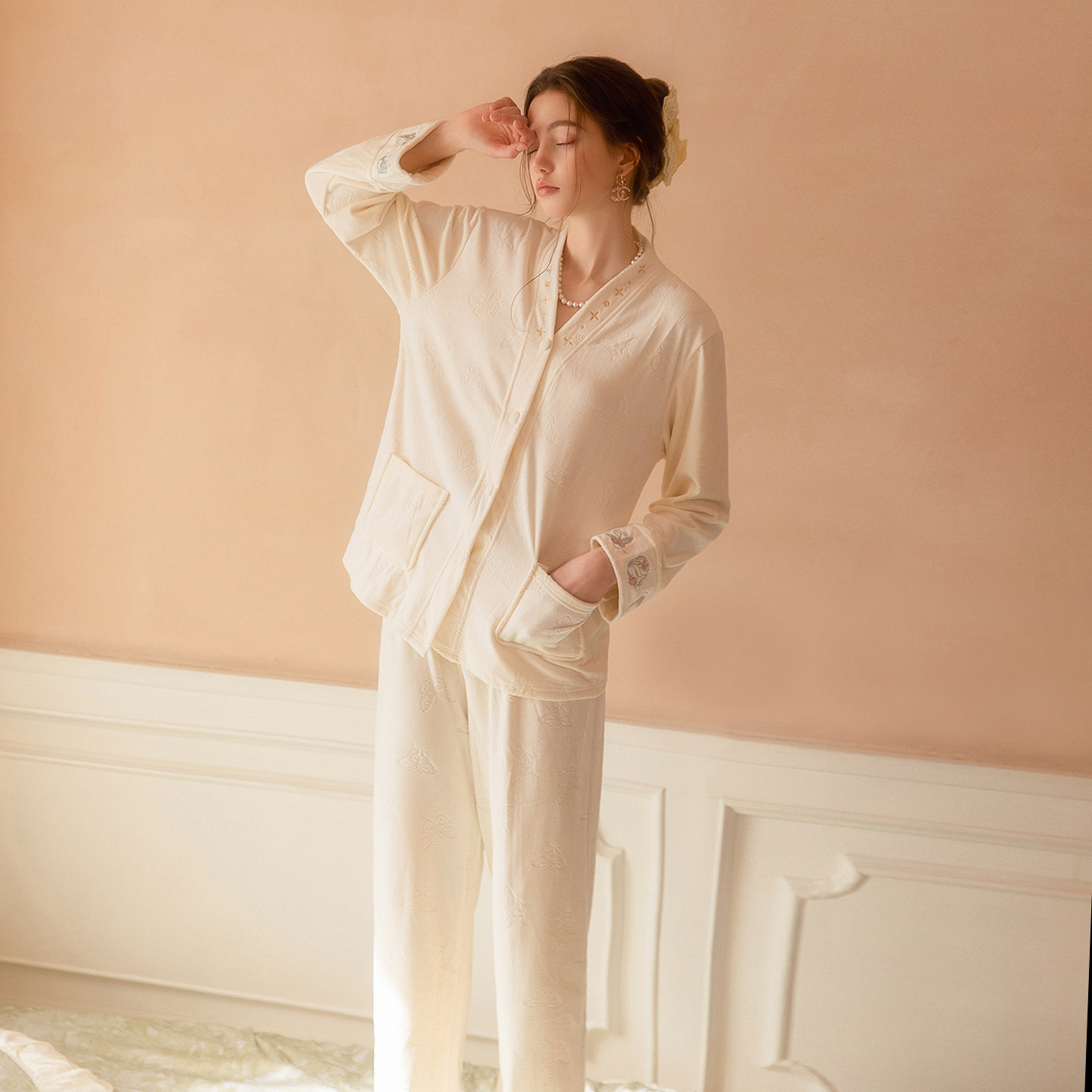 新中式国风海岛绒睡衣女秋冬长袖睡衣/家居服套装