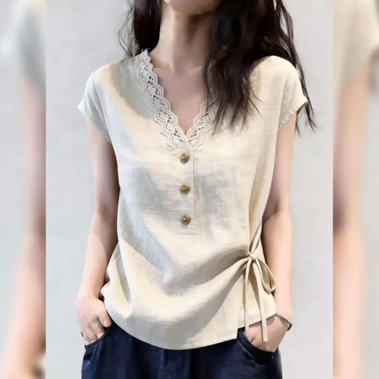 路途女装时尚V领蕾丝拼接牡丹衫夏季女士显瘦短袖T恤修身百搭上a7