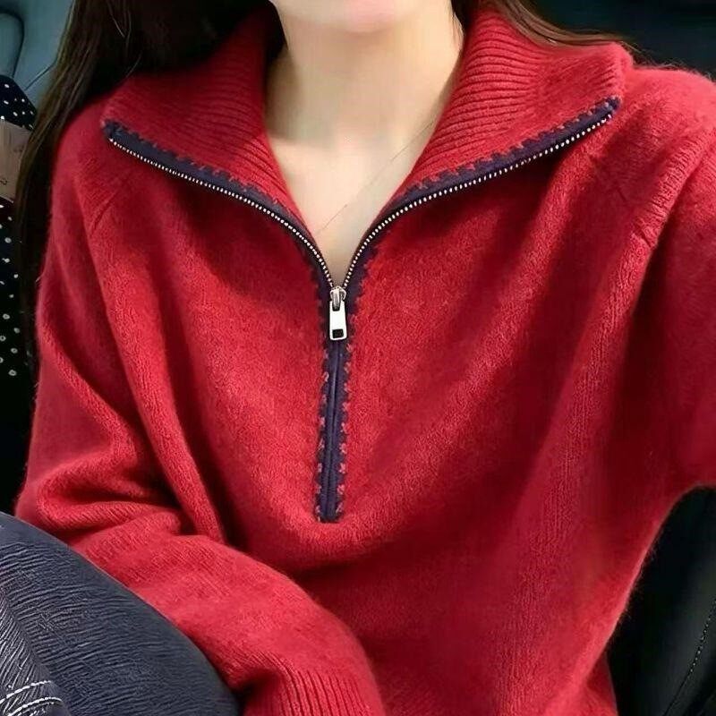 韩系复古半拉链翻领高领套头毛衣女秋冬宽松慵懒高级感加厚针织a5