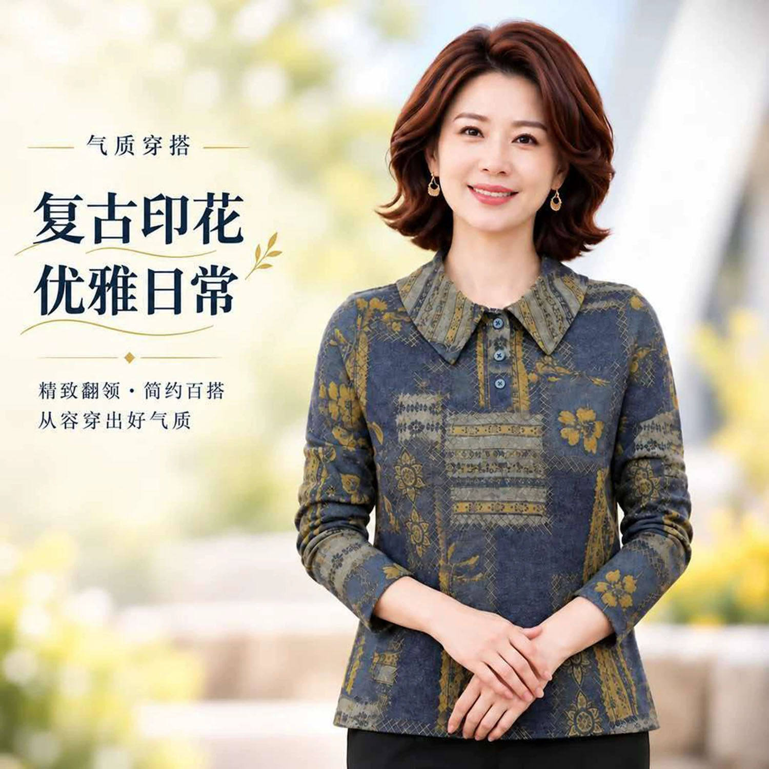 铂瑾2026新款女士法式轻奢小衫复古印花时尚减龄显瘦长袖T恤上a7