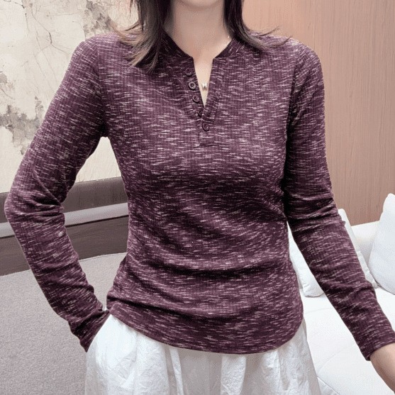 早秋新款V领扣子衬衫休闲女修身显瘦慵懒风长袖打底衫女上衣a4
