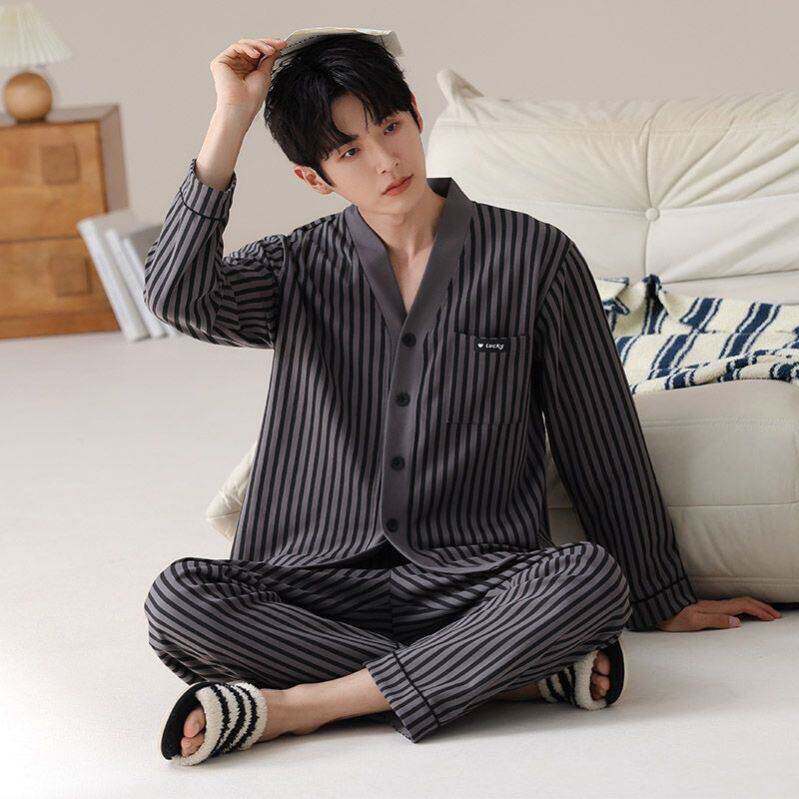 夏炽男装春秋季男士睡衣简约休闲条纹V领开衫家居服宽松大码套a8