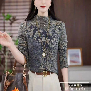 加绒加厚长a71 复古印花减龄上衣女士德绒半高领打底衫 好立元 女装