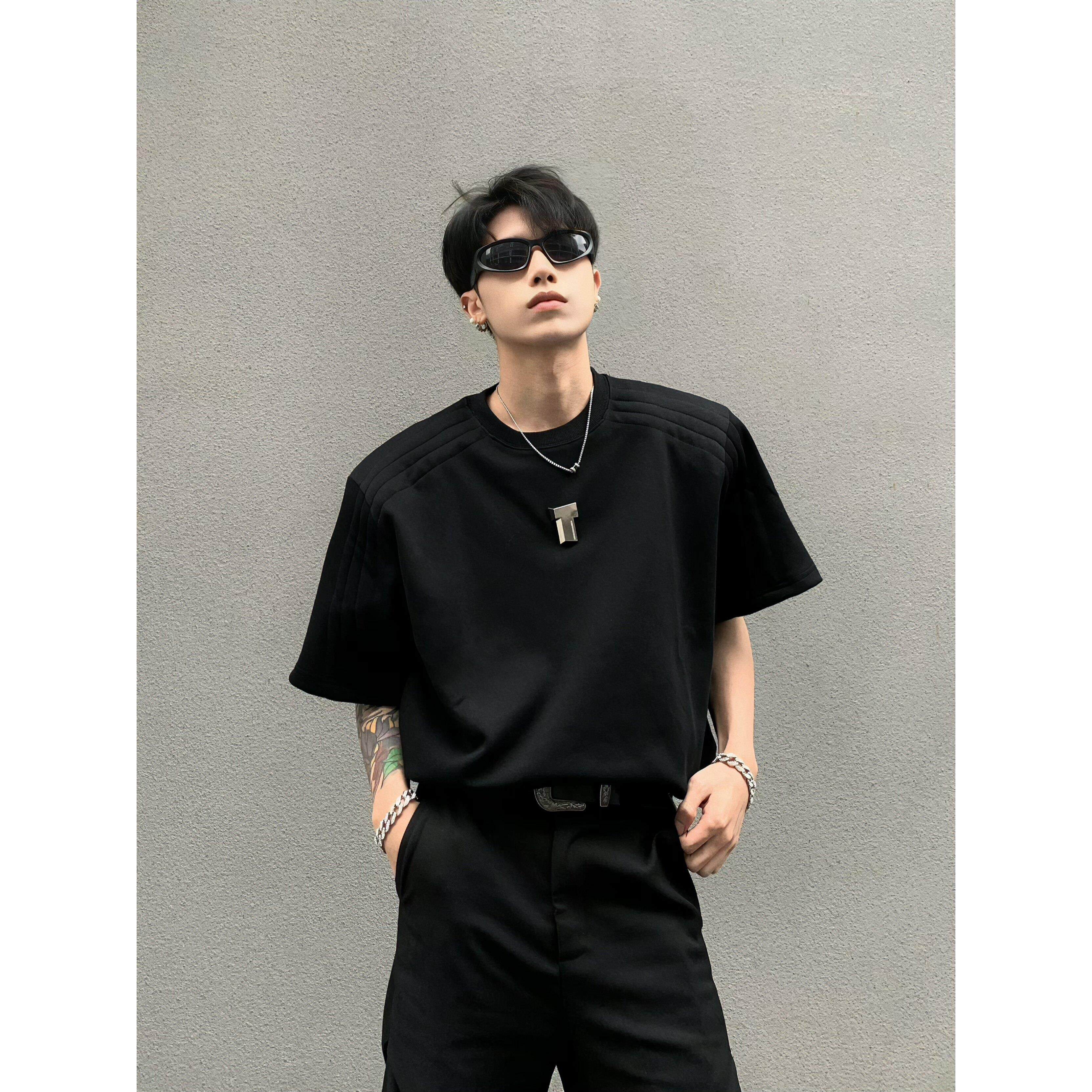 黑沧社/小众金属装饰设计感重磅垫肩T恤男夏季高级感廓形黑色短袖
