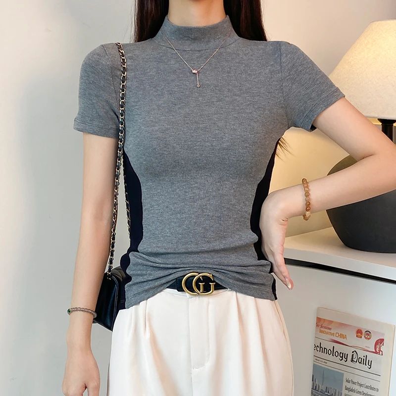 韩版拼接修身显瘦短袖T恤女2025春夏新款螺纹上衣气质撞色打底衫