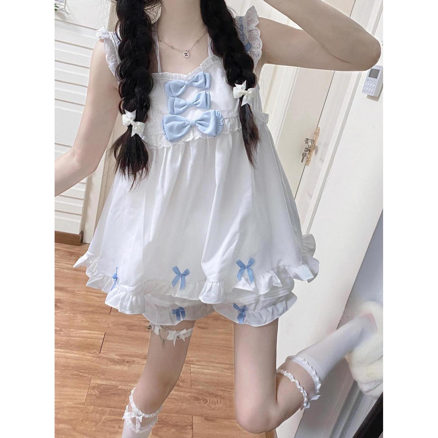 吊带蝴蝶结少女软妹纯欲睡衣可爱睡衣套装夏天甜美花边短裤飞飞袖