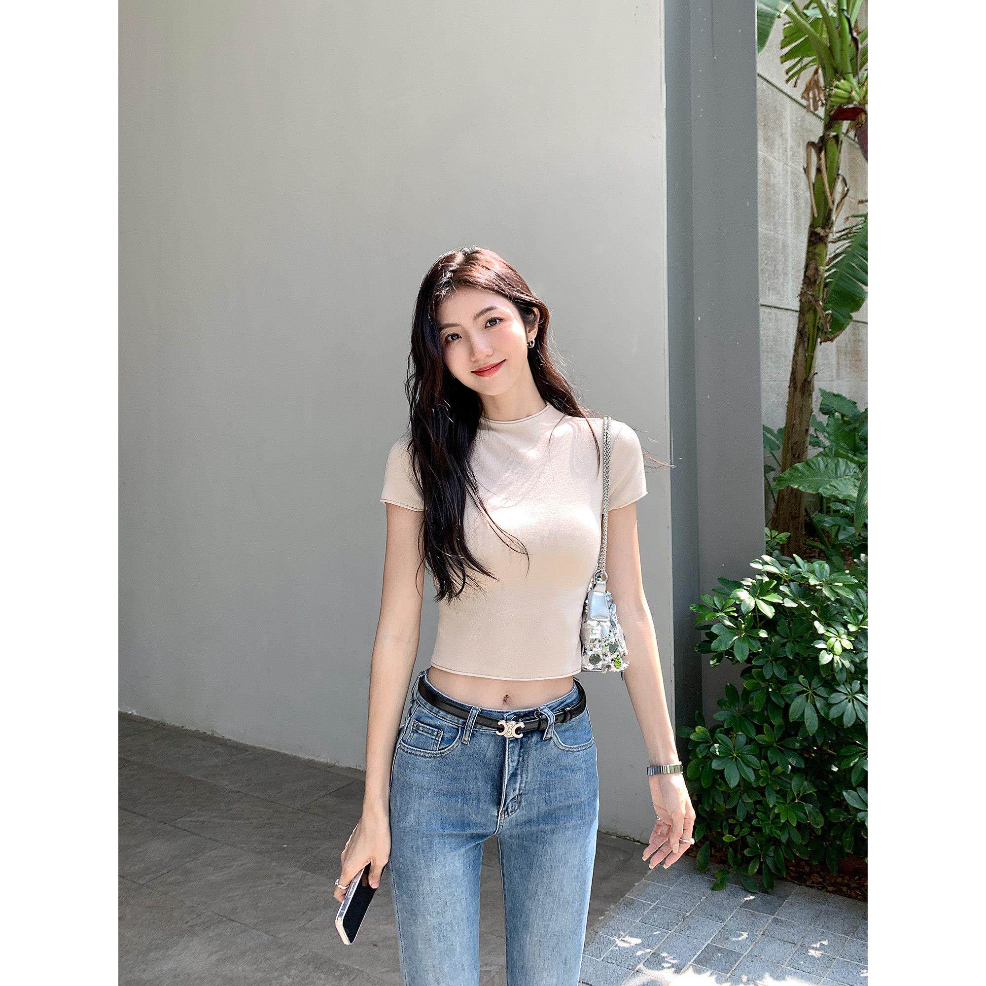 MULVAN 半高领莱赛尔短袖针织衫女夏季修身高腰短款正肩t恤上衣