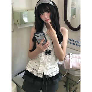 日系可爱风白色波点无袖衬衫女夏小个子学生荷叶边设计感显瘦上衣