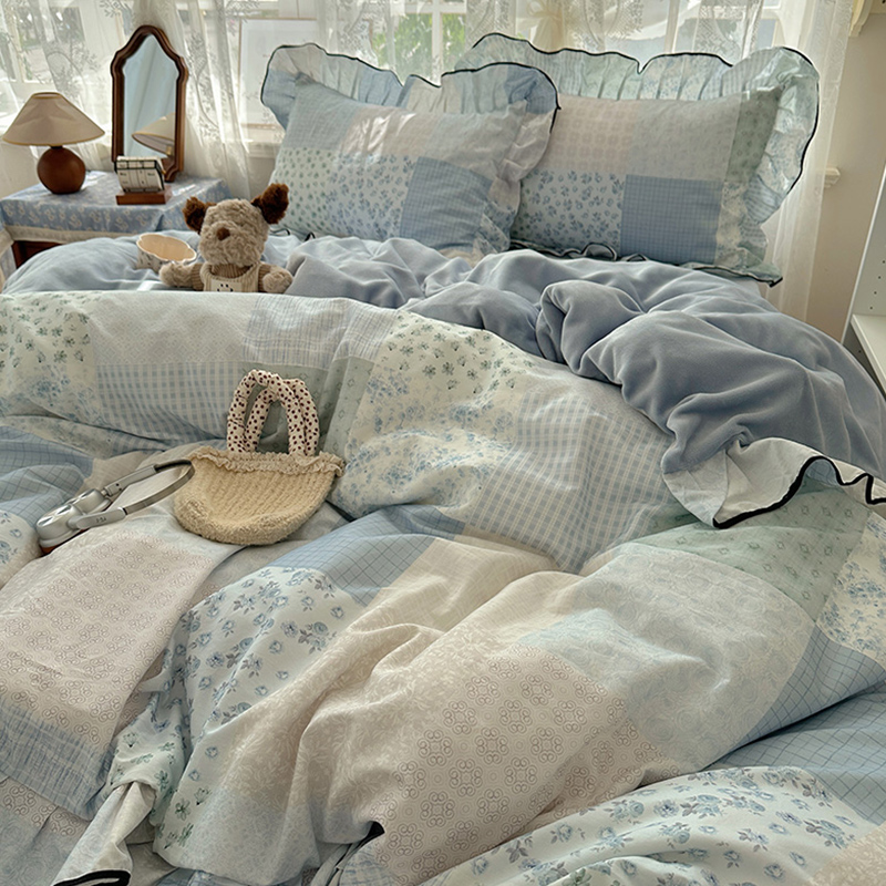 全棉加绒牛奶绒被套四件套花边款