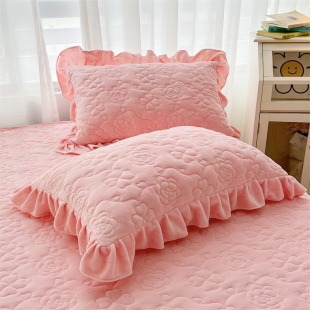 A类加厚牛奶绒枕套带花边少女心家用枕芯套48x74cm一对装 珊瑚绒冬