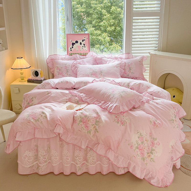 ins粉色少女心纯棉蕾丝床裙四件套公主花边被套100全棉床罩春夏款,床上用品,床品套件/四件套/多件套,淘宝优惠券,粉丝福利购,淘宝优惠卷