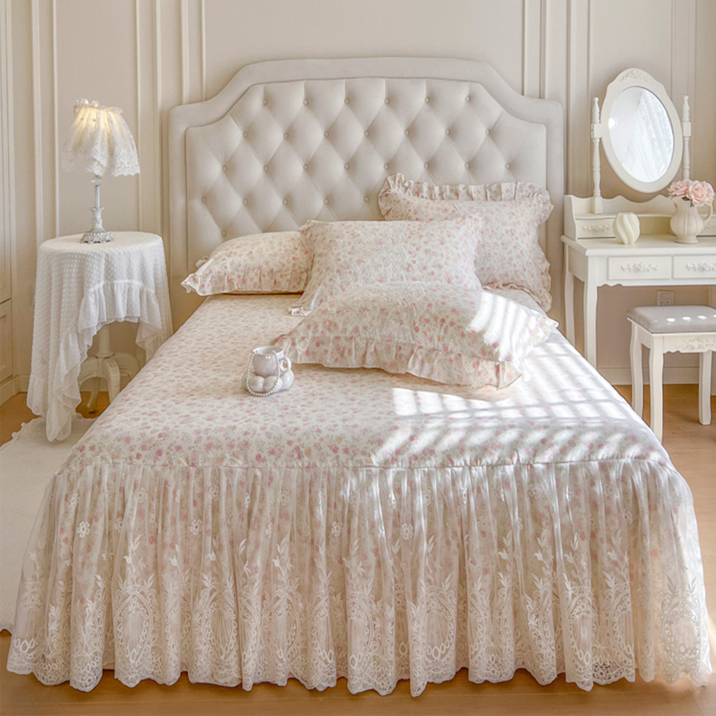 公主风全棉床裙式床笠二合一纯棉床罩单件蕾丝花边床围裙床上用品