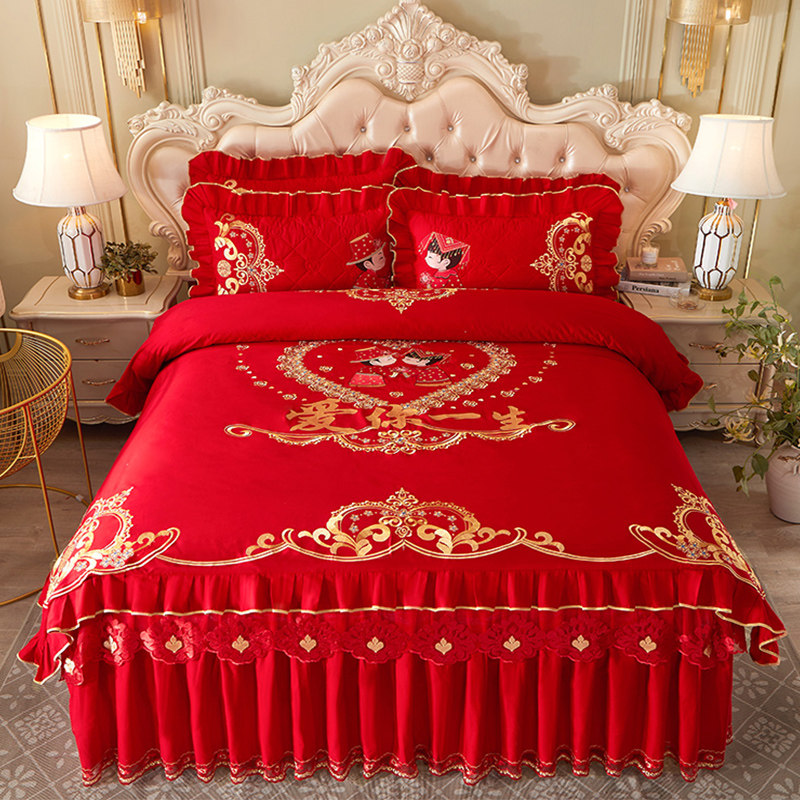 新婚全棉大红被套单件200x230结婚陪嫁被罩纯棉夹棉床裙款四件套