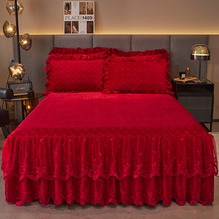 欧式 加绒花边双层裙边三件套 宫廷风宝宝绒床裙单件牛奶绒床罩冬季