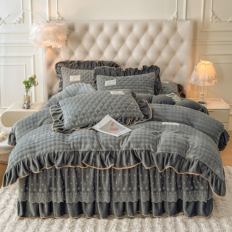 韩式公主风牛奶绒床裙四件套夹棉加厚床罩珊瑚绒双面绒被套带花边