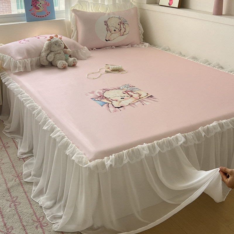 儿童卡通冰丝凉席床裙款三件套夏季凉感床垫公主花边床套2025新款