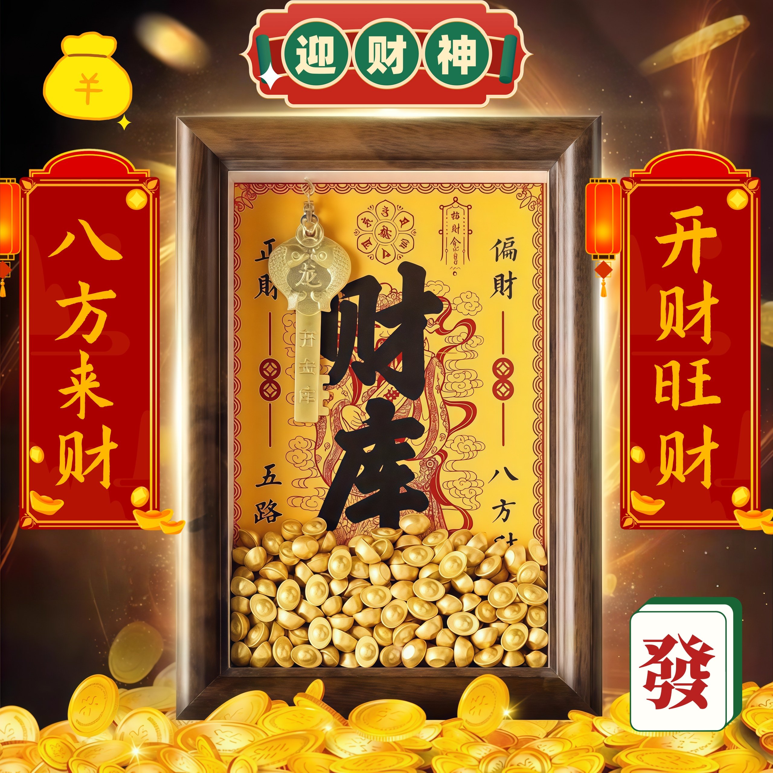 开金库财神财库相框摆件客厅办公室工位摆件十二生肖合金钥匙貔貅