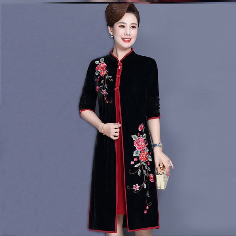 金丝绒妈妈装春秋连衣裙两件套装裙子