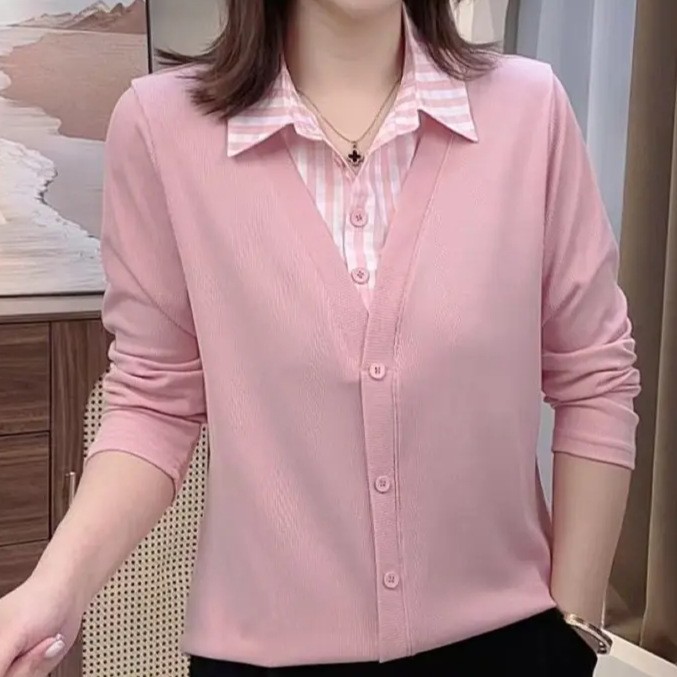 2025翻领减龄百搭春夏新款衬衫显瘦拼接格子领假温婉大方衣服