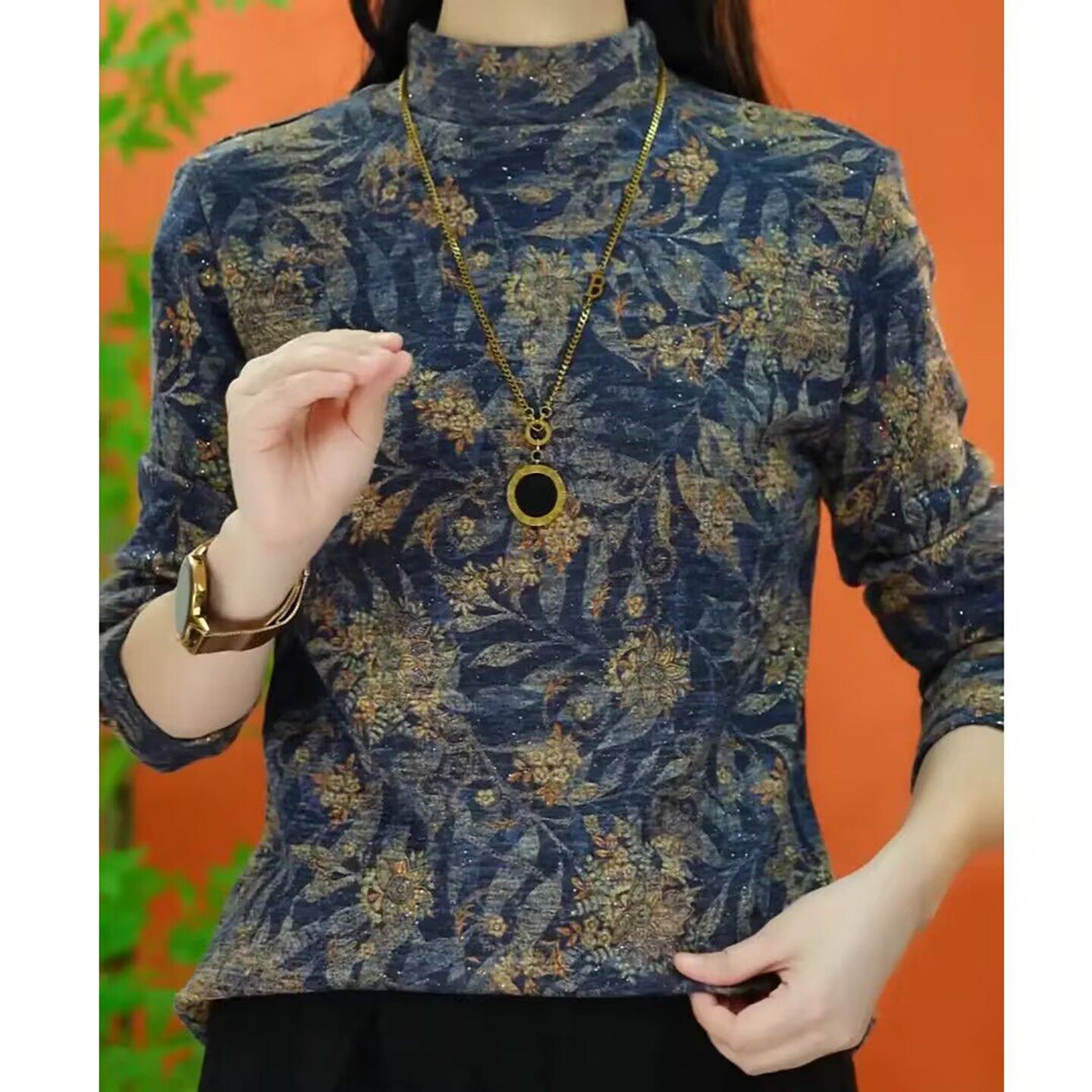 芸菲汇女装甄选店2026秋冬新款半高领印花长袖女士洋气减龄上衣a6