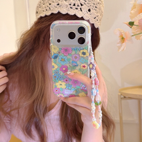 ins艺术绿色系春日彩色花朵适用iphone17promax苹果16手机壳15pm新款14pro少女心17网红13pro全包防摔手链软
