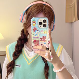 海边草裙黑皮kitty适用iphone16promax苹果15新款14pro少女可爱13双层硅胶防摔手链12promax软壳