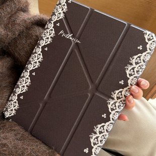 10.5英寸 8.3英寸 Air5 防摔iPad 新款 Air3 Pro 简约平板电脑壳iPad mini6 搭扣iPad棕色英文蕾丝边适用iPad