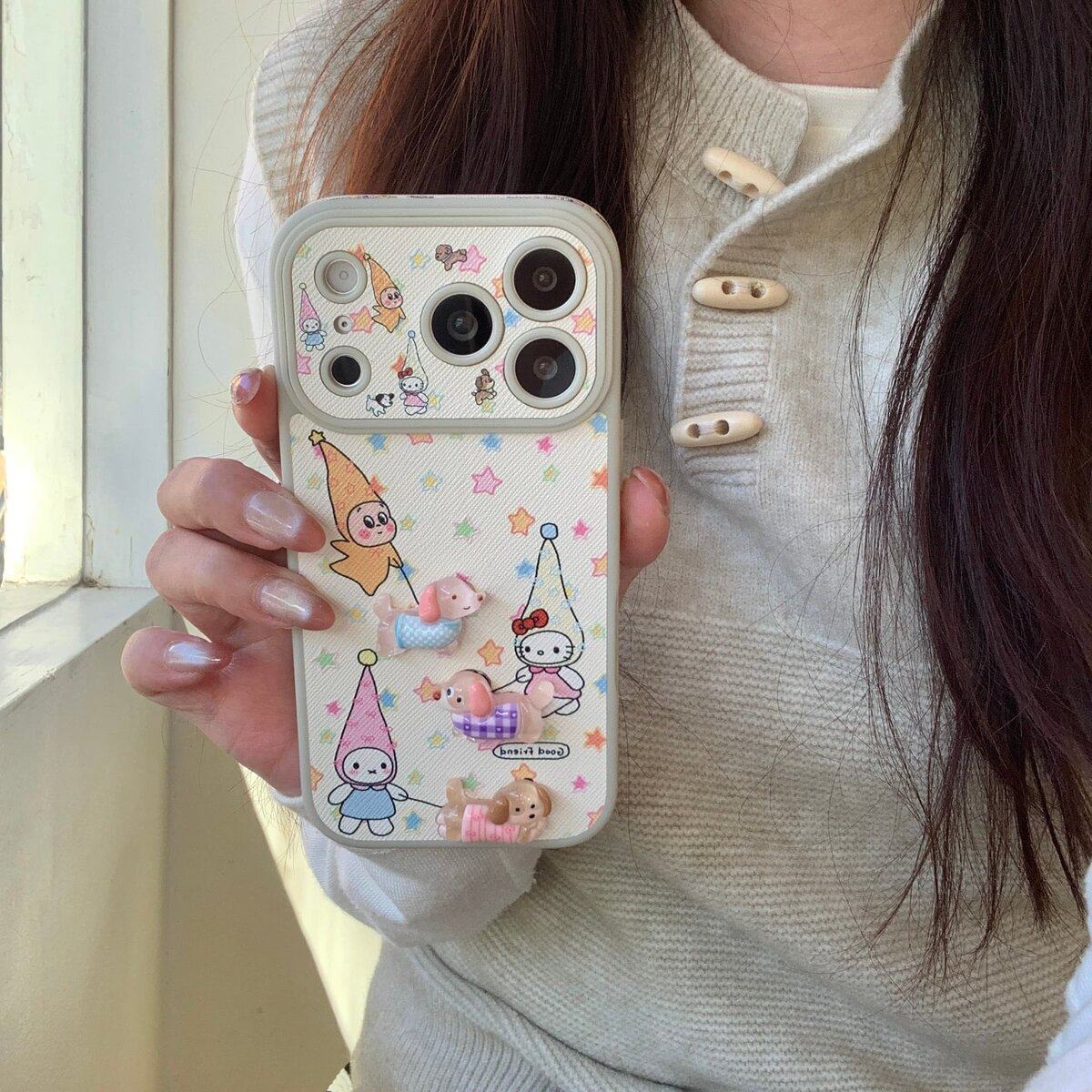 全包大视窗皮纹kt米菲星星人遛狗适用于苹果14promax创意手机保护壳卡通可爱16pro手机保护壳ins风17系列手机